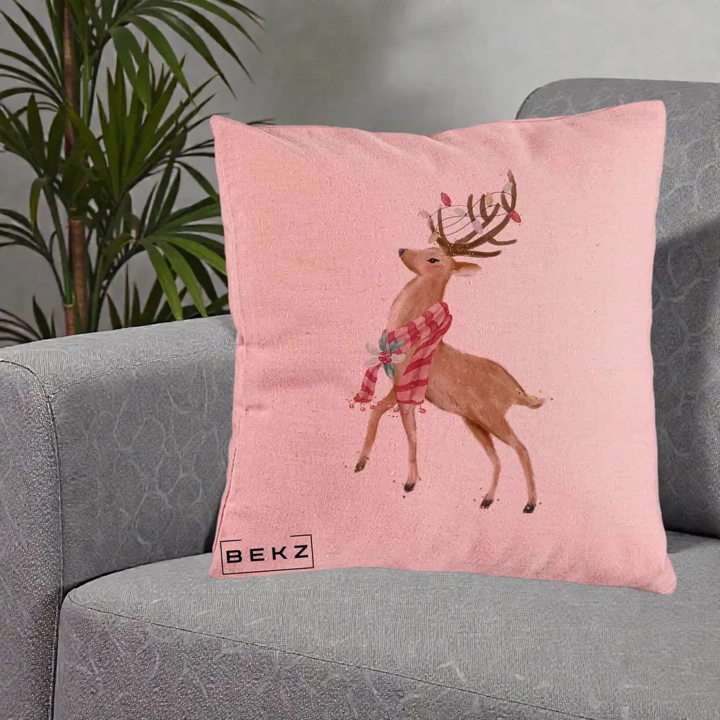 Perna Decorativa Renita cu Fular si Luminite, 40x40 cm, Roz, Husa Detasabila, Perna Inclusa, BEKZ®