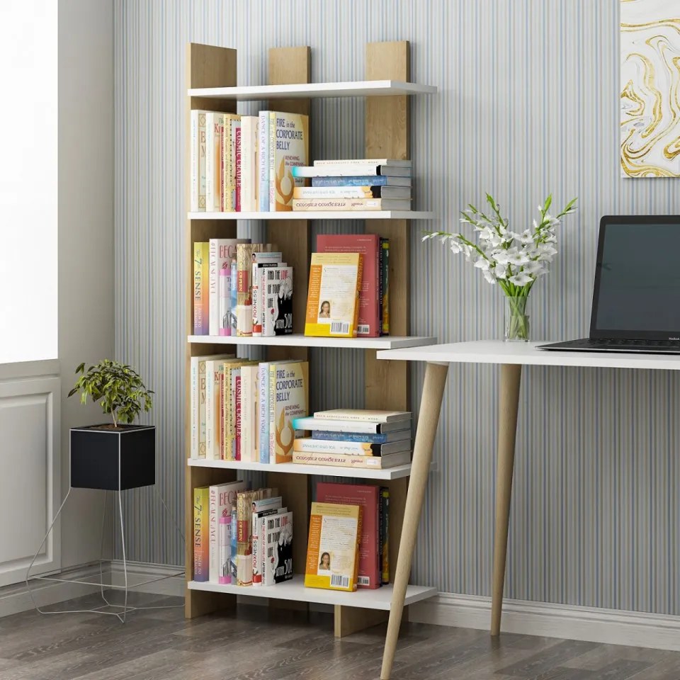 Biblioteca Living Elas, Alb / Stejar