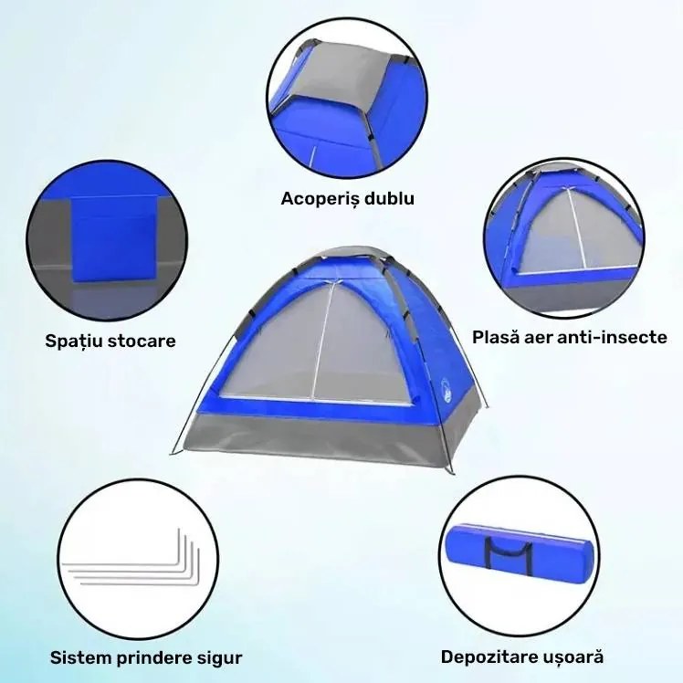 Cort camping (200 x 200 x 130 cm), Spațiu 3-4 Persoane, cu Fixare anti-vânt, Material impermeabil (Oxford), Acoperiș dublu, Plasă anti-insecte și Protecție solară (UPF50+)