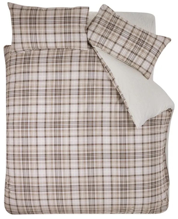 Lenjerie de pat maro din sherpa pentru pat dublu, extinsă 230x220 cm Cosy Sherpa Check – Catherine Lansfield