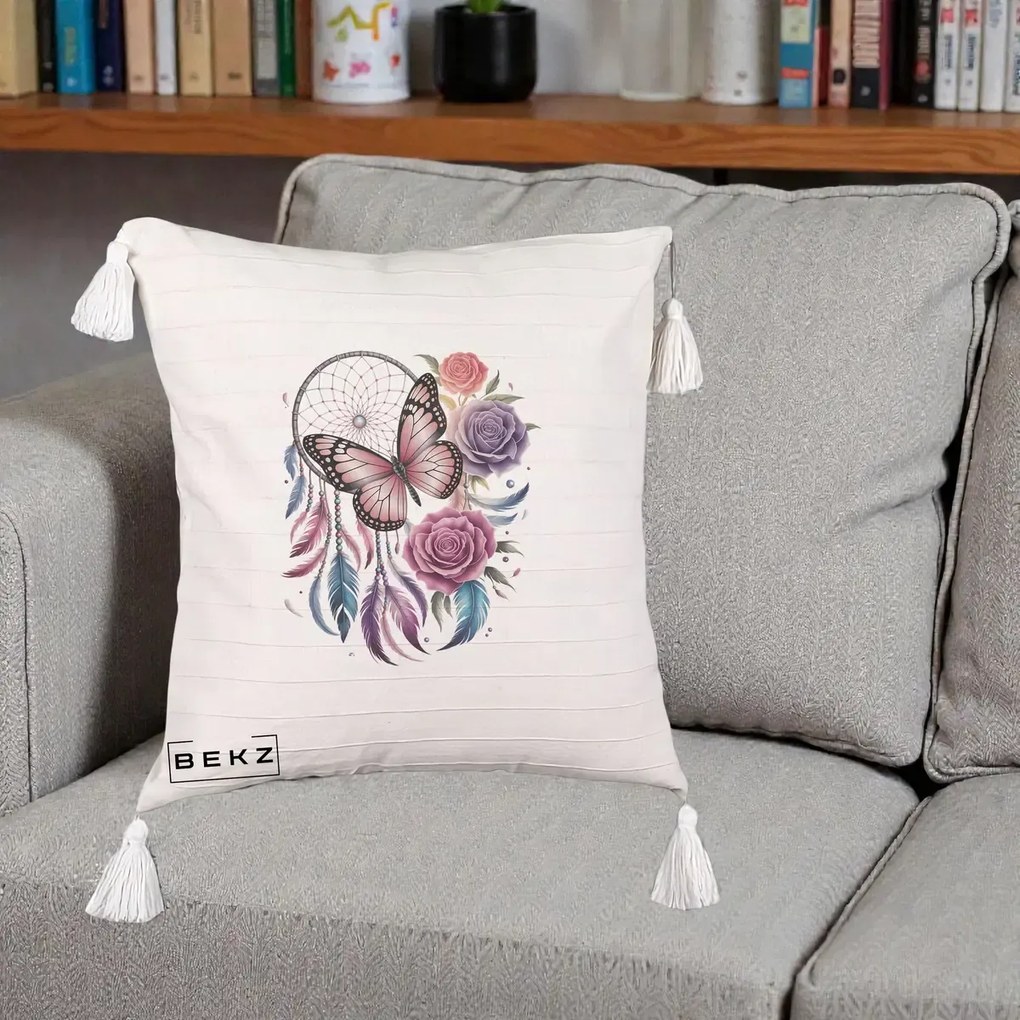 Perna Personalizata Prinzator de Vise cu Fluture si Trandafiri, 40x40 cm, Bej cu Franjuri, Husa Detasabila, Perna Inclusa, BEKZ®