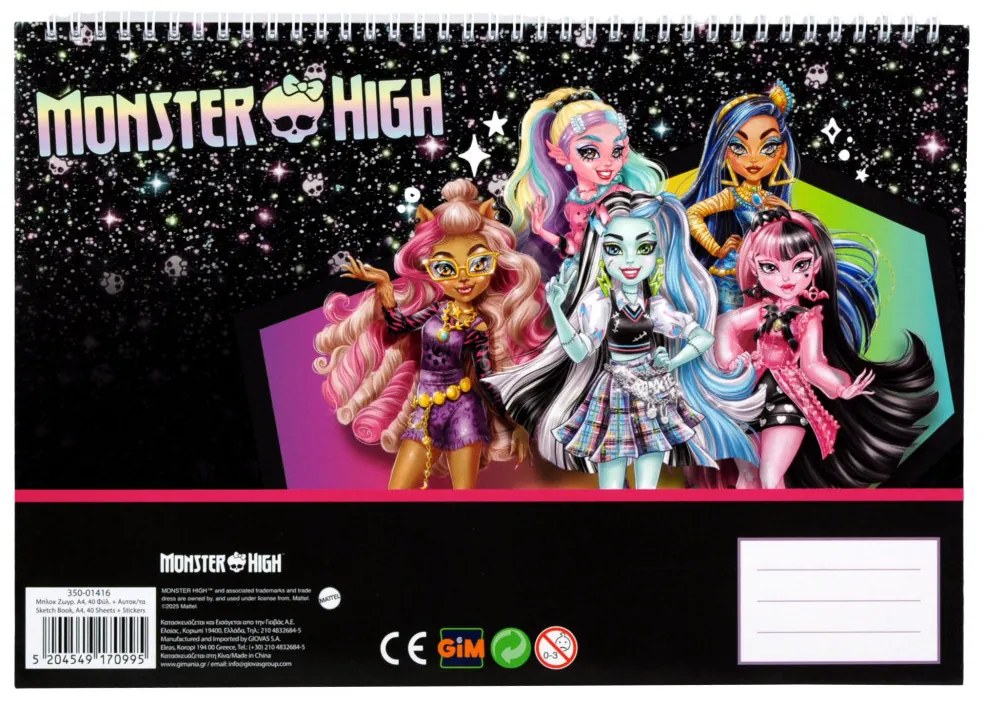 Monster High Crew Caiet de schițe spiralat A/4 cu 40 de pagini și autocolante