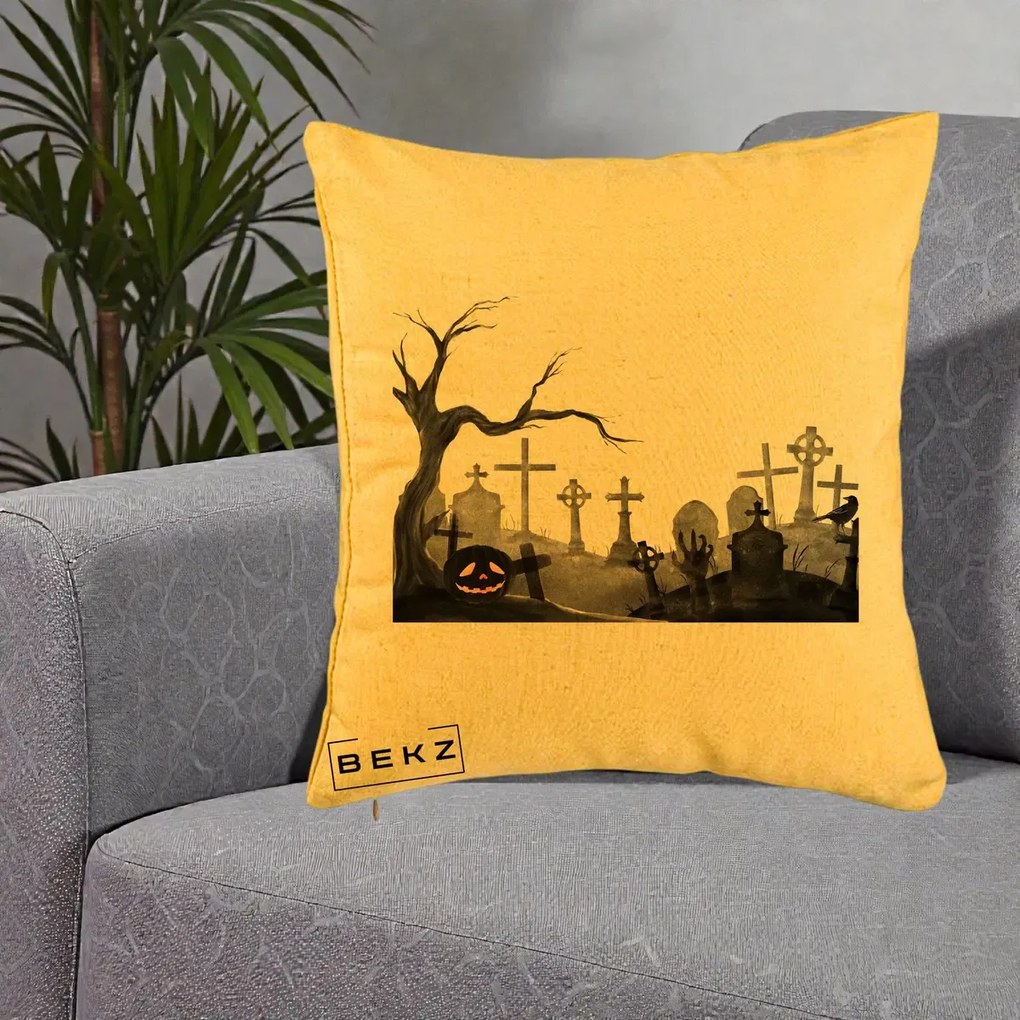 Perna Decorativa Halloween Cimitir Acuarela cu Dovleac, 40x40 cm, Galben, Husa Detasabila, Perna Inclusa, BEKZ®