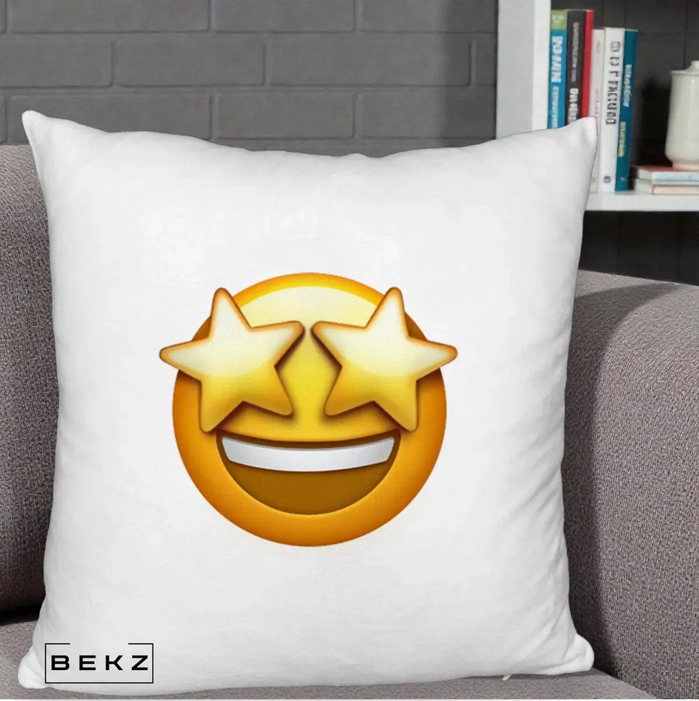 Perna Decorativa Emoji Ochi Stele, 40x40 cm, Alb Pufos, Husa Detasabila, Perna Inclusa, BEKZ®
