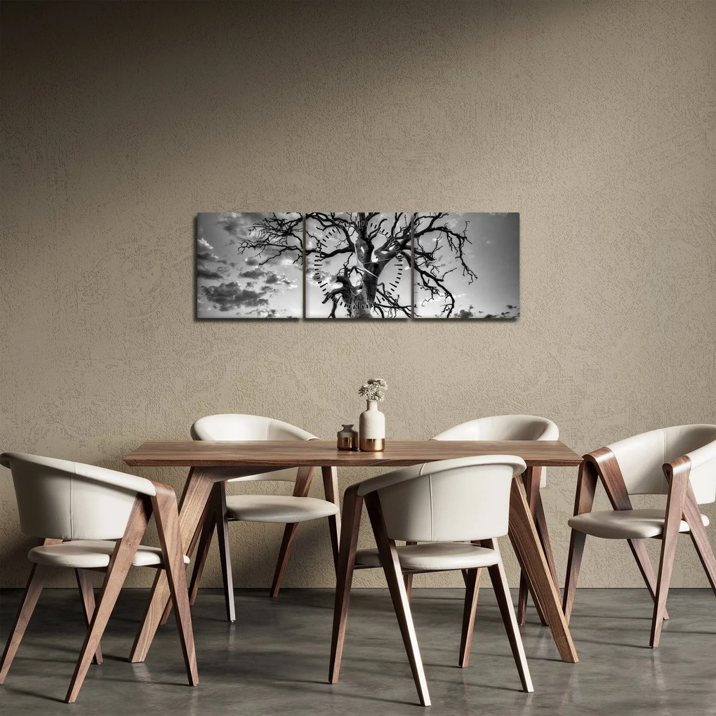 Tablou - Copacul, alb-negru (cu ceas) (90x30 cm)
