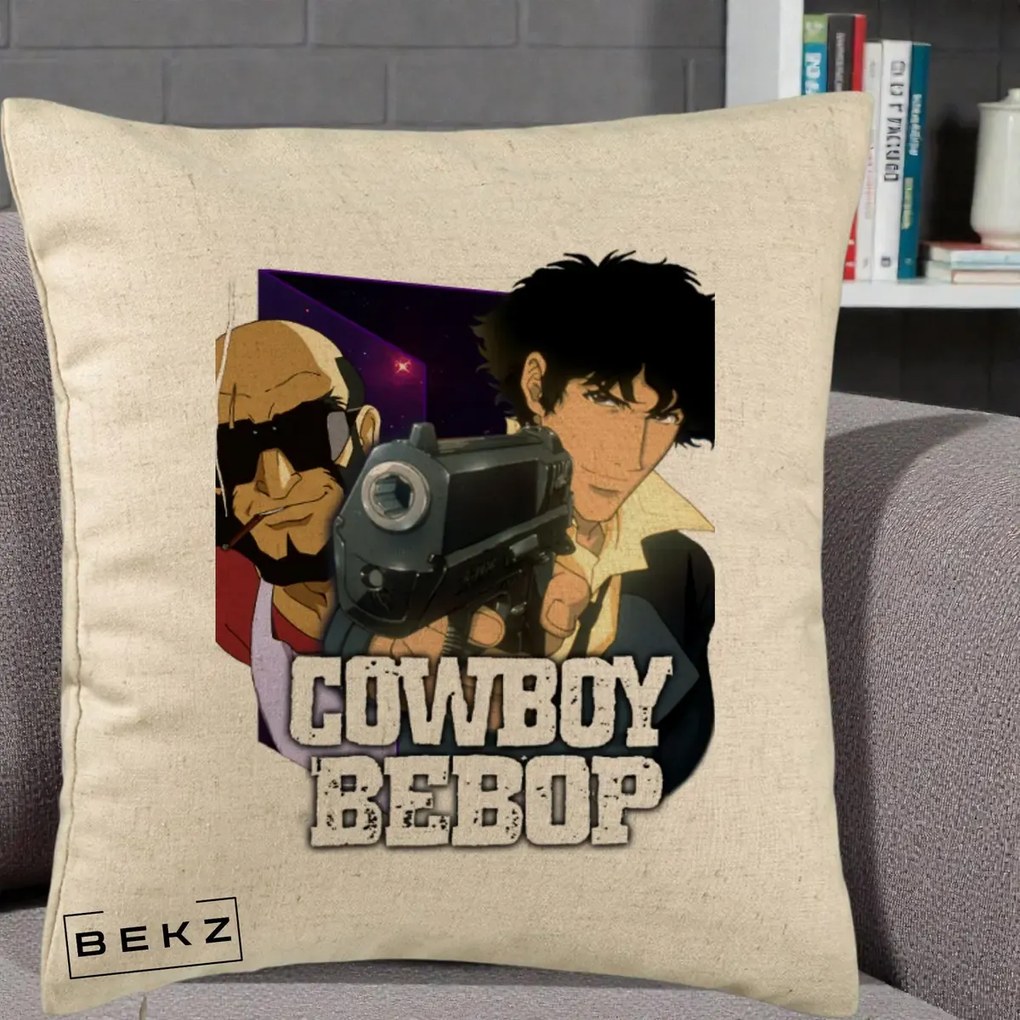 Perna Personalizata Cowboy Bebop Spike si Jet Poster, 40x40 cm, Bej, Husa Detasabila, Perna Inclusa, BEKZ®