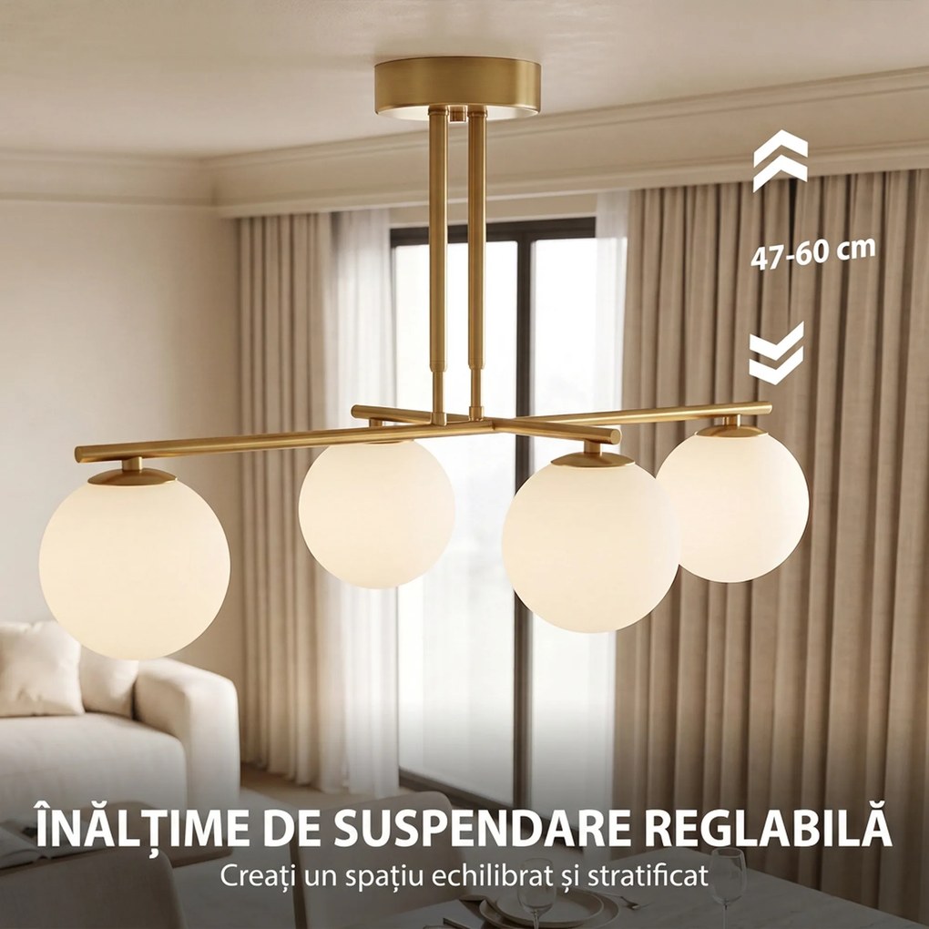 HOMCOM Lampă suspendată cu 4 globuri, înălțime reglabilă, rotire 350°, modernă, din oțel, auriu | Aosom Romania