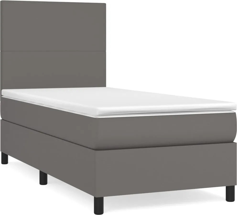 vidaXL Pat box spring cu saltea, gri, 90x200 cm, piele ecologică