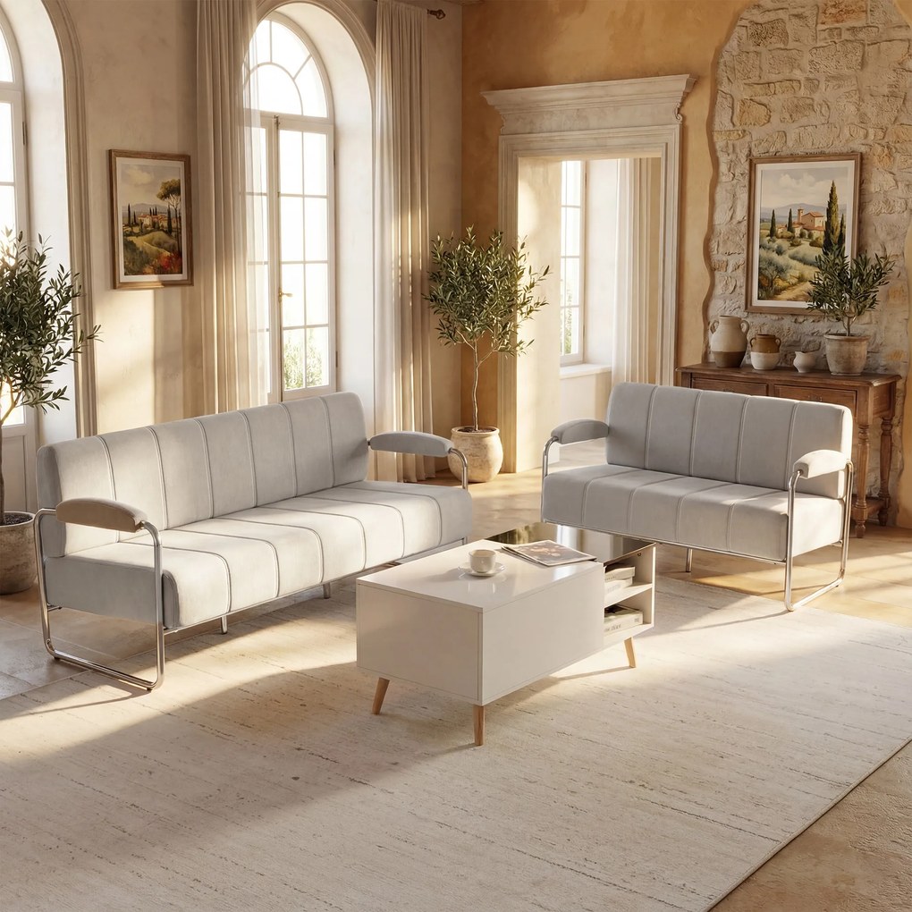 HOMCOM Canapea cu 2 Locuri Tapițată în Chenille cu Cusături Duble, Canapea Modernă cu Brațe și Picioare din Oțel, pentru Living, Birou și Dormitor, 120x73x76 cm, Bej | Aosom Romania