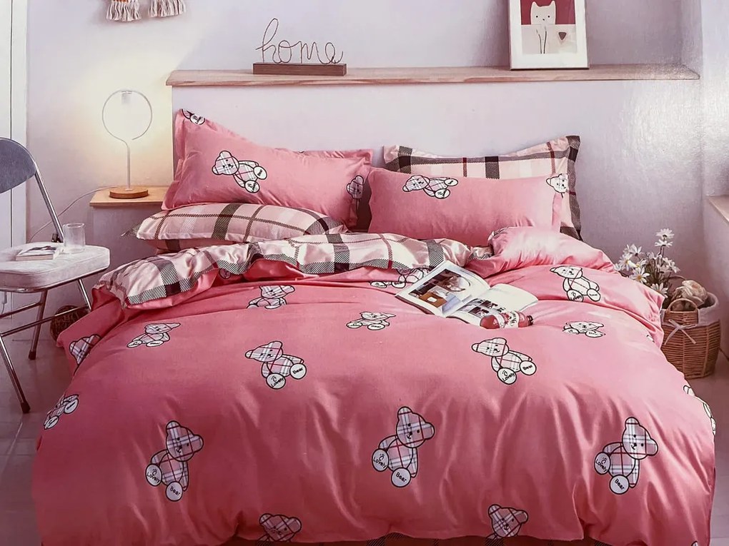 Lenjerii din bumbac pentru patut, TEDDY LOVELY BEAR roz