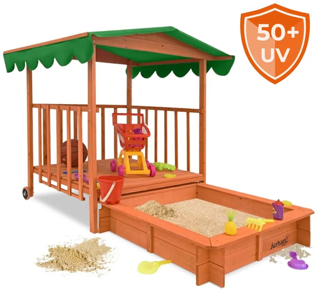 Groapa cu nisip cu verandă HAPPY, 130x130x143cm, maro/verde Jurhan
