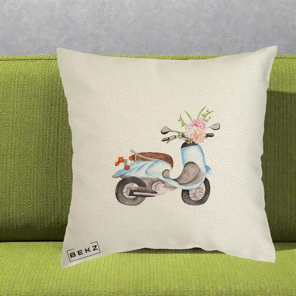 Perna Decorativa Scuter Albastru cu Flori Acuarela, 40x40 cm, Ecru, Husa Detasabila, Perna Inclusa, BEKZ®