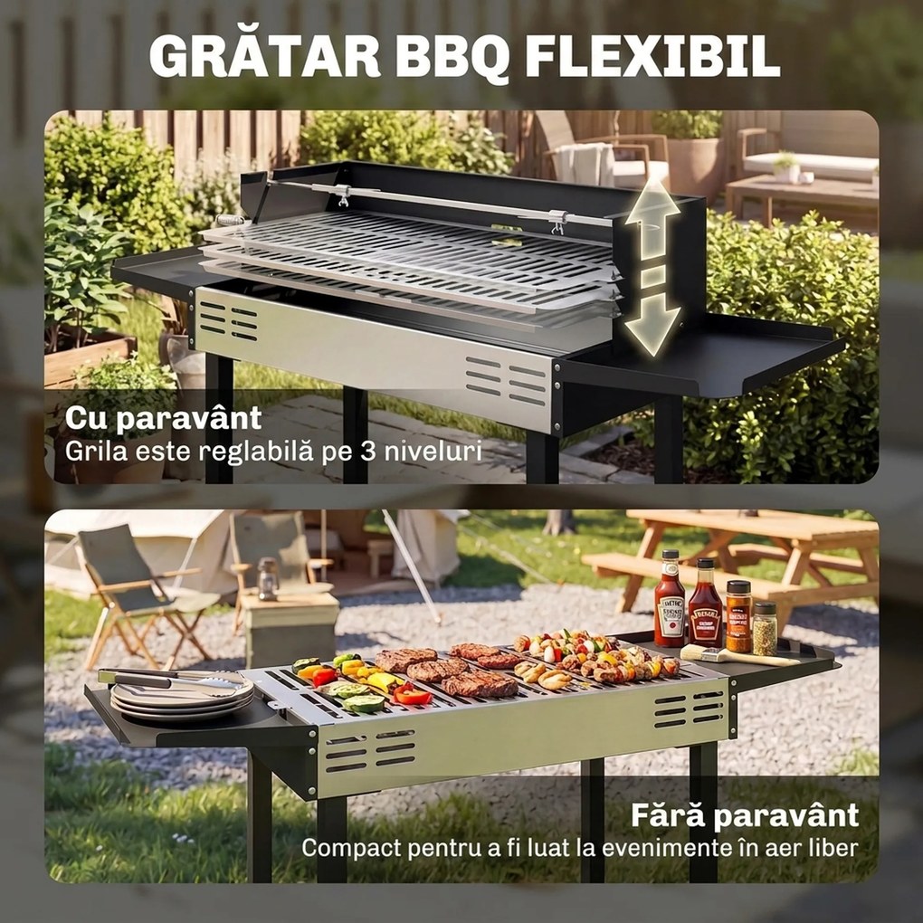 Outsunny BBQ Rotisserie Grill Charcoal Split Roaster for Chicken Turkey 3-Level Grill Grate, Storage Shelves, Stainless Steel | Aosom Romania