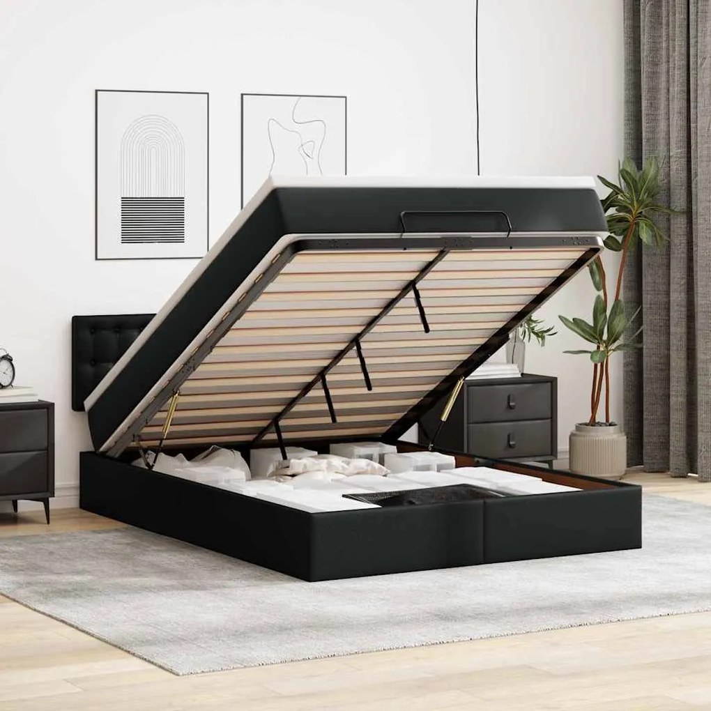 vidaXL Pat otoman cu saltele și LEDs, negru 140x200cm, piele ecologică