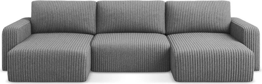 Colțar gri extensibil/cu spațiu de depozitare cu tapițerie din catifea reiată (în formă de "U") Kona – Makamii