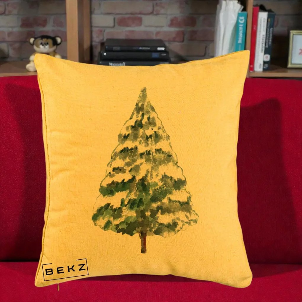 Perna Decorativa cu tematica de Craciun, Brad 2, 40x40 cm, Galben, Husa Detasabila, Perna Inclusa, BEKZ®