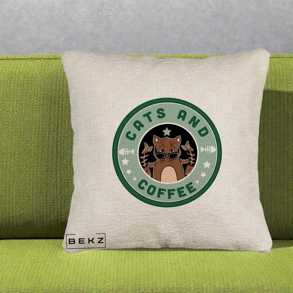 Perna Personalizata Cats and Coffee Starbucks, 40x40 cm, Bej Canapea, Husa Detasabila, Perna Inclusa, BEKZ®