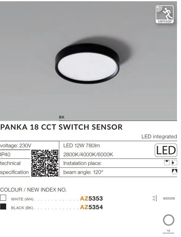 Spot aplicat LED, Plafoniera cu senzor de miscare si protectie IP40 PANKA 18 CCT alb