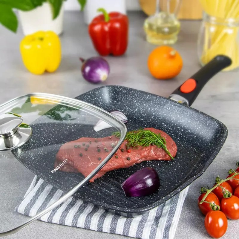 Resigilat: Tigaie grill cu capac si maner detasabil Kinghoff KH 1511, 28 cm, Acoperire marmorată, Inductie, Negru