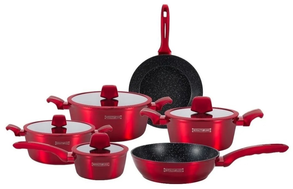 Set oale si tigai cu capace, marmorate, 10 piese Royalty Line RL-T10 rosu, antiaderente