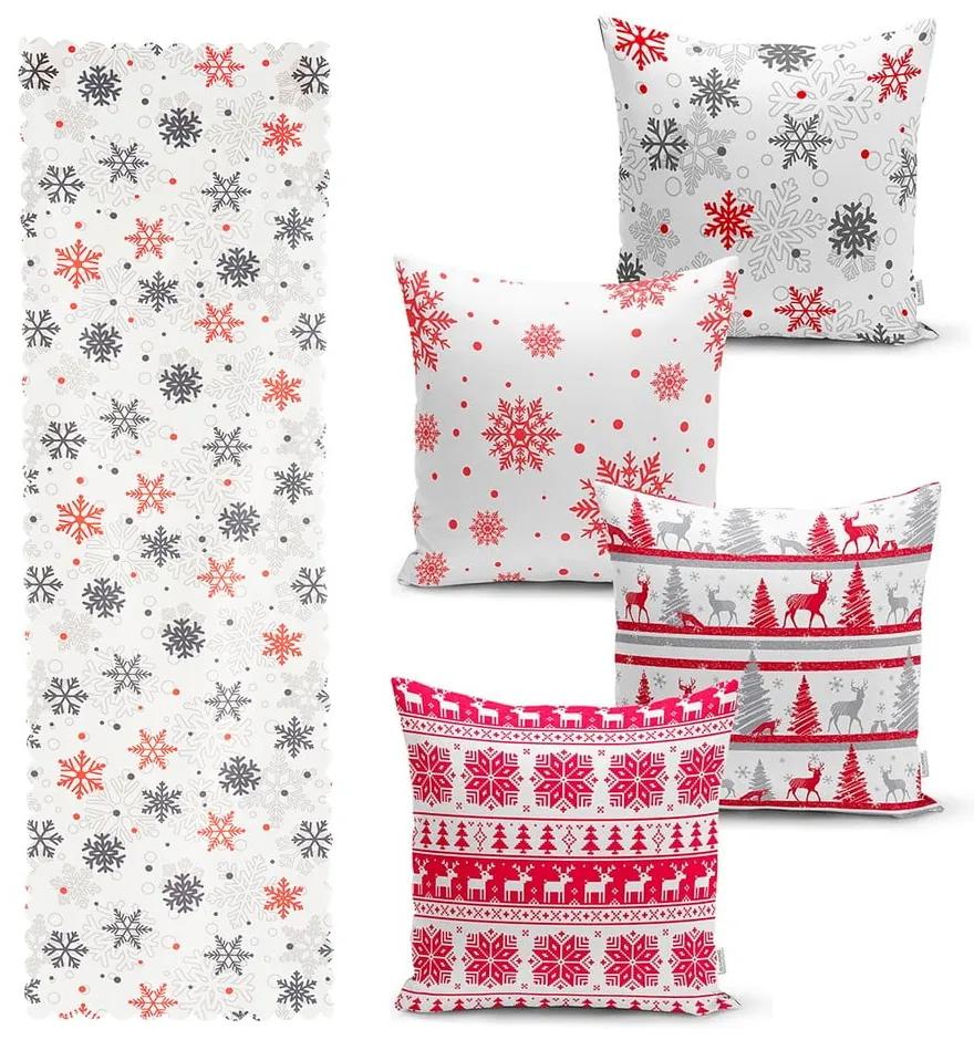 Set 4 fețe de pernă și un napron de masă cu model de Crăciun Minimalist Cushion Covers Red Christmas