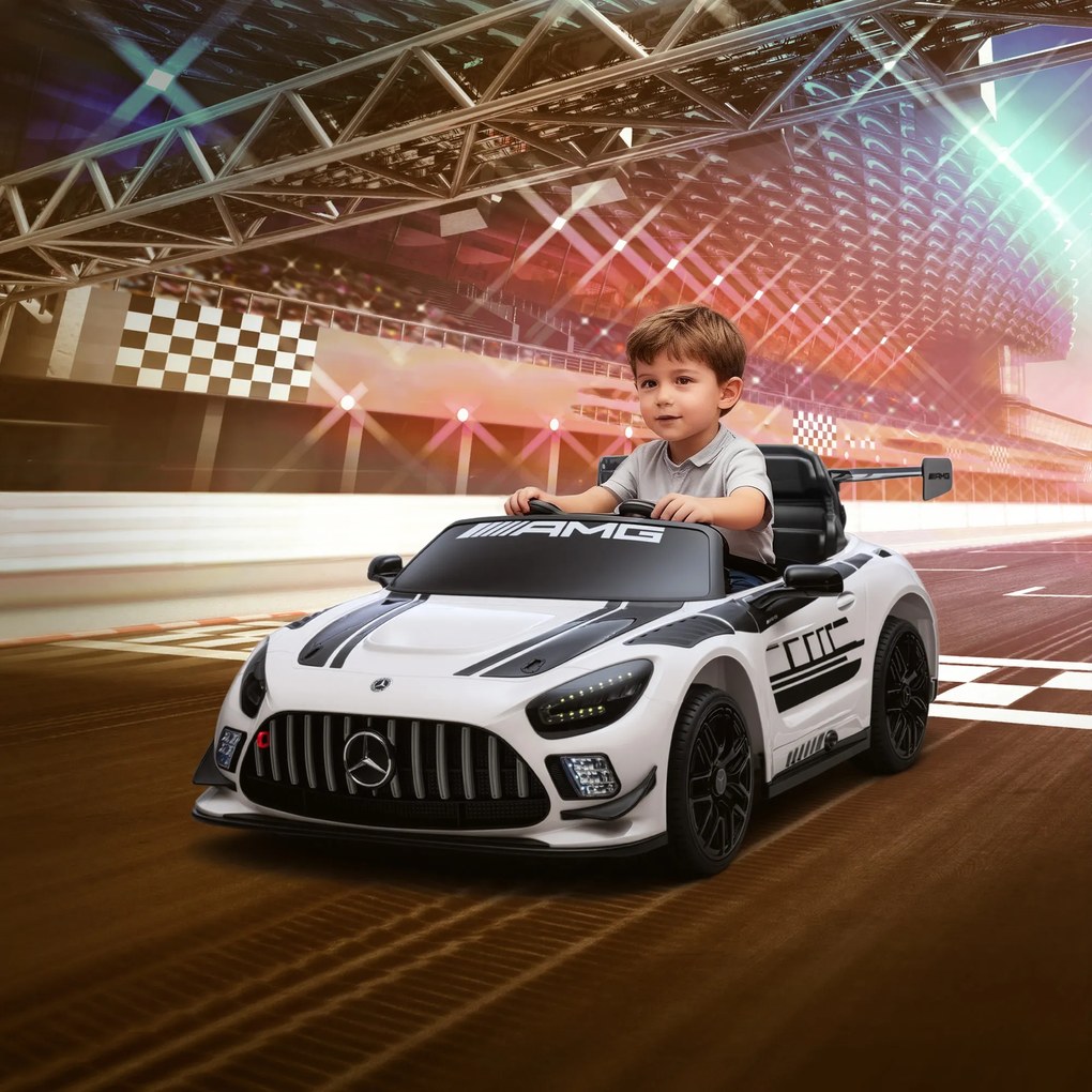 AIYAPLAY Mașinuță Electrică pentru Copii 3-8 Ani Mercedes-AMG 12V cu Telecomandă, Lumini LED, Roți de Transport, Alb | Aosom Romania