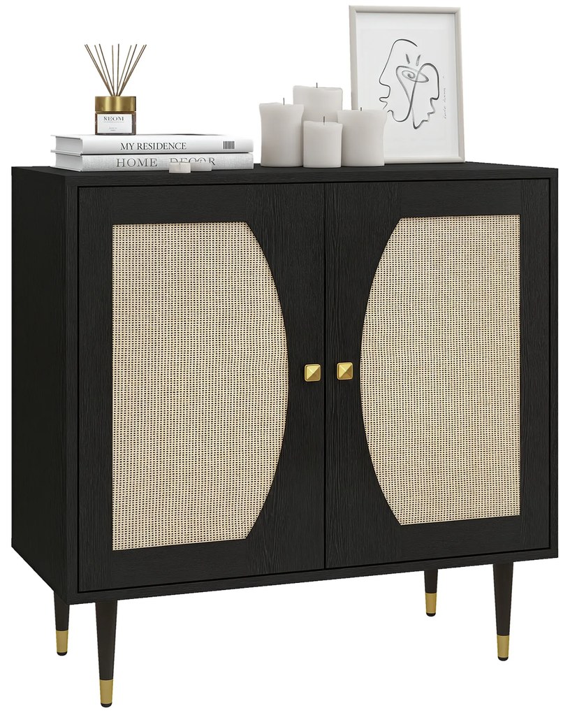 HOMCOM Bufet de bucătărie mobilier de depozitare design boem cu dublă uși și 2 nivele, fațadă din răchită 80 x 38 x 79 cm negru | Aosom Romania