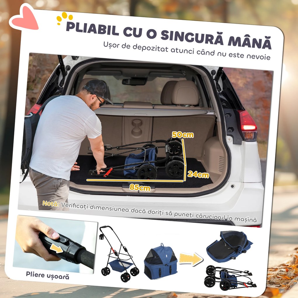 PawHut Cărucior pentru Animale de Companie 3 în 1 cu 4 Roți și Geantă de Transport Detașabilă, 76x50x102 cm, Albastru | Aosom Romania