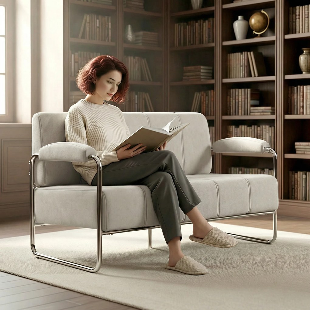 HOMCOM Canapea cu 2 Locuri Tapițată în Chenille cu Cusături Duble, Canapea Modernă cu Brațe și Picioare din Oțel, pentru Living, Birou și Dormitor, 120x73x76 cm, Bej | Aosom Romania