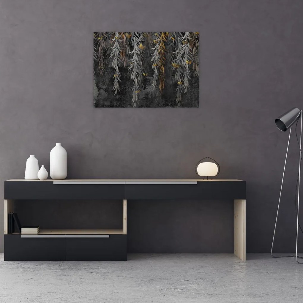 Tablou pe sticlă - Crenguțe de salcie, fundal negru (70x50 cm)