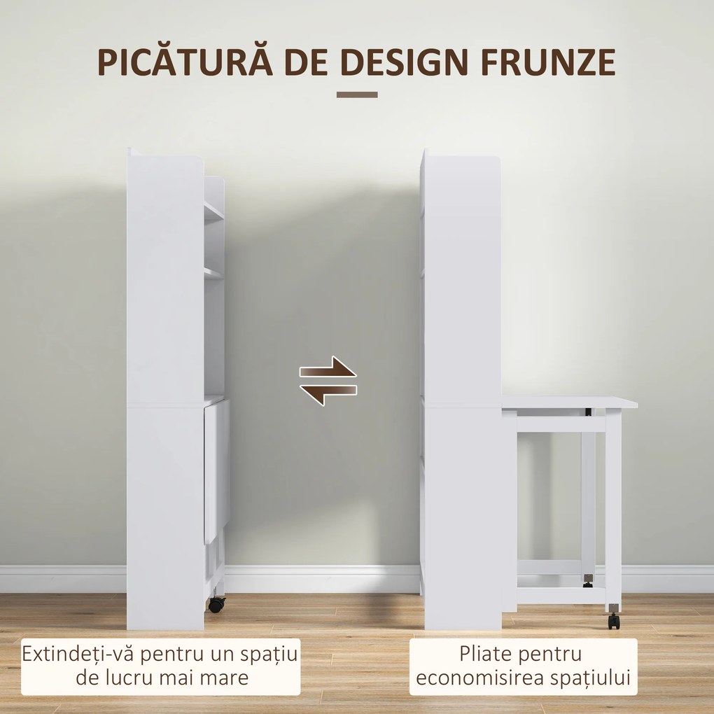 HOMCOM Birou cu Rafturi, Blat Pliabil, 2 Roți și 4 Rafturi, Birou Compact Modern cu Orificiu pentru Cabluri, Masă pentru Computer, Casă Birou Cameră de Studiu, 80x69x155 cm, Alb | Aosom Romania
