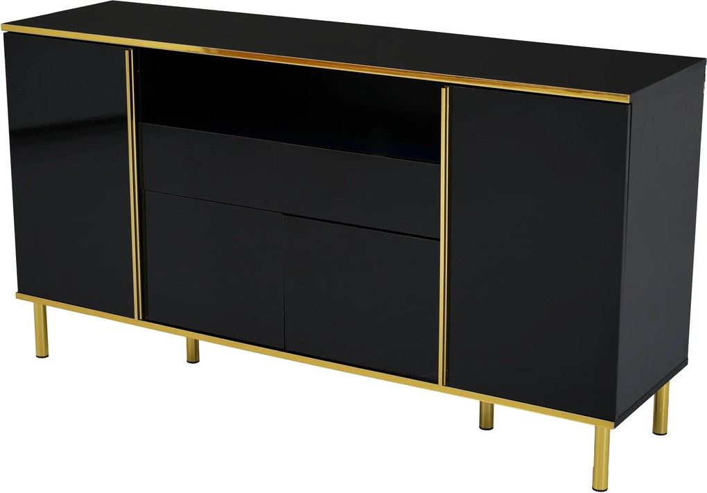 Comodă cu iluminare LED, 4 uși, 1 sertar, 150x40x80 cm, Negru