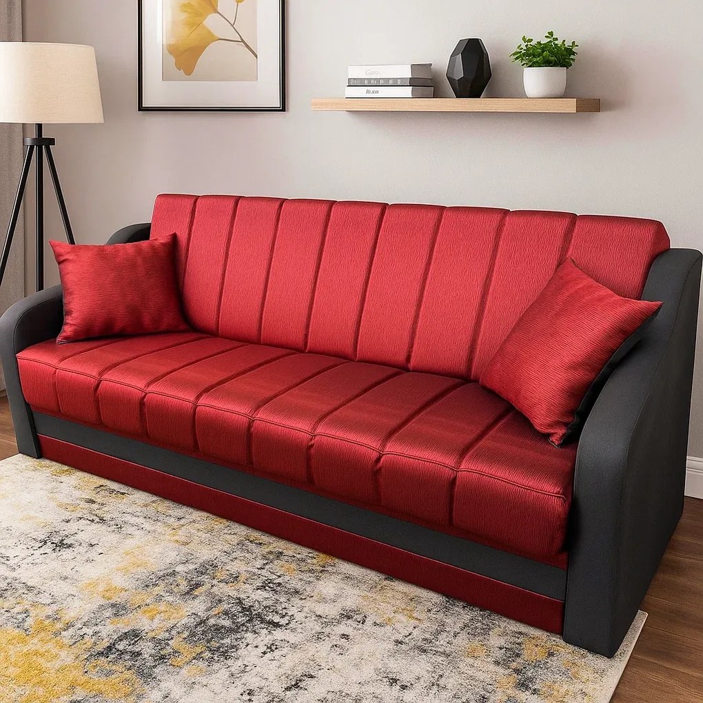 Canapea ALEX extensibila, 3 locuri, cu lada de depozitare, stofa catifelata rosu cu maro, 220x90x90 - Copie Maro + Rosu