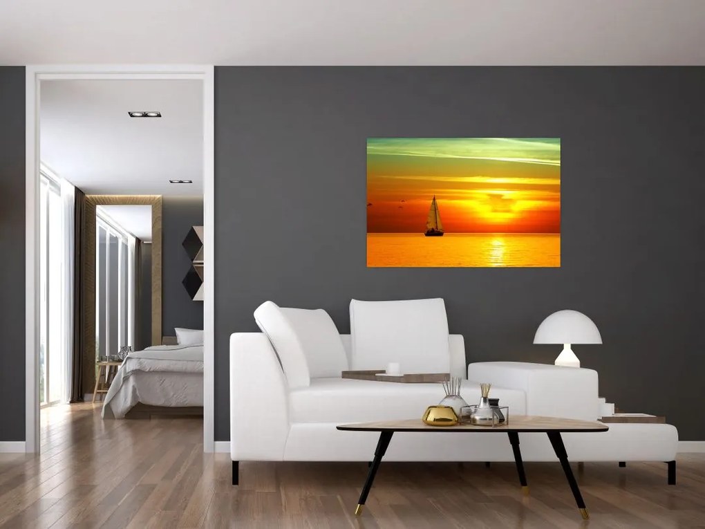 Tablou cu apus de soare și iaht (90x60 cm)