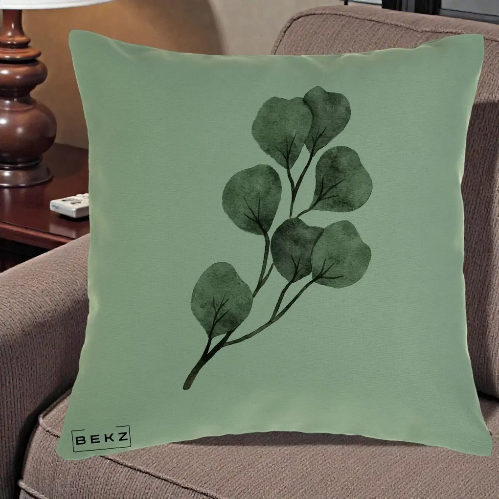 Perna Decorativa Ramura Eucalipt Acuarela, 40x40 cm, Verde, Husa Detasabila, Perna Inclusa, BEKZ®