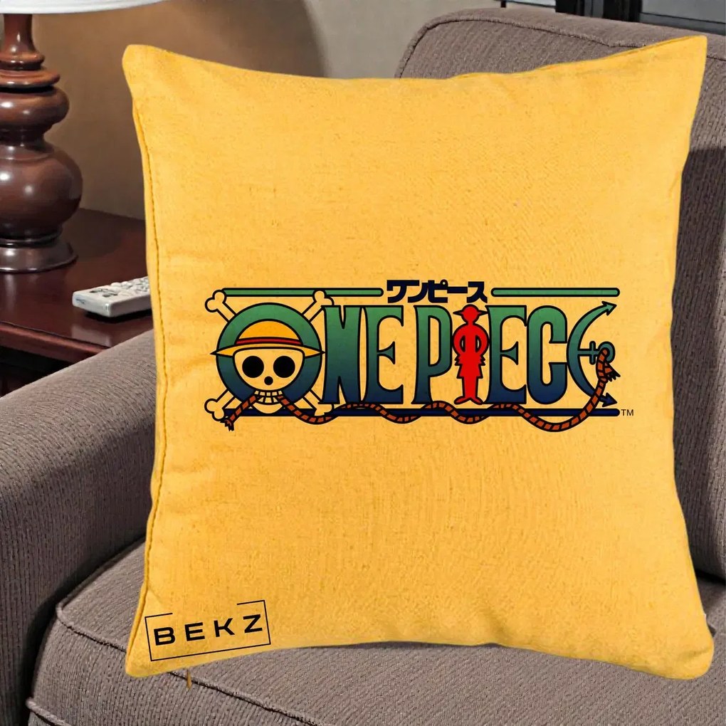 Perna Personalizata One Piece Clasic Albastru, 40x40 cm, Galben, Husa Detasabila, Perna Inclusa, BEKZ®