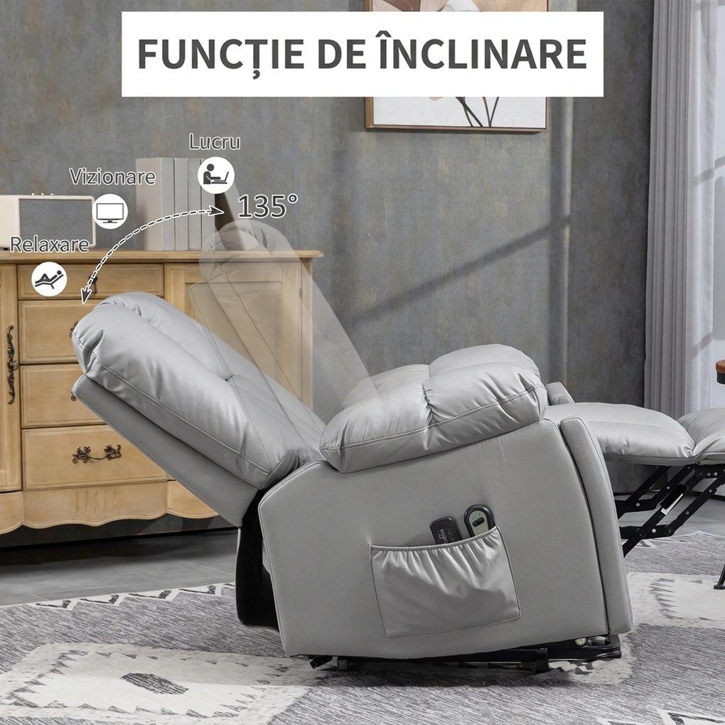 HOMCOM Scaun Electric Rabatabil cu 8 Puncte de Masaj și Telecomandă, Fotoliu Modern din Microfibră, 94x96x106 cm, Gri | Aosom Romania