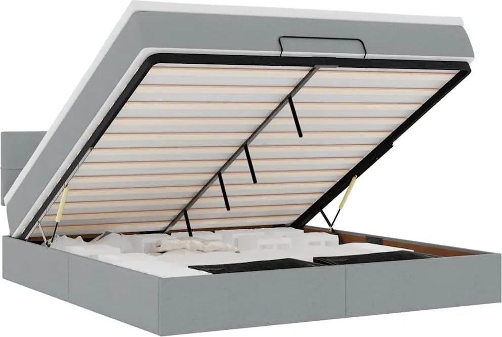 vidaXL Pat otoman cu saltea și LED-uri, gri deschis, 180x200cm, textil