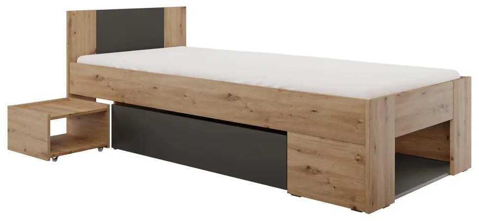 Pat de o persoană 90 cm Uniforme (stejar artisan + antracit) (cu sp. depozitare). 1116537