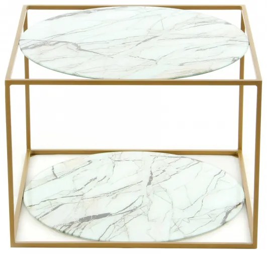 Masuta de cafea patrata din sticla cu spatiu de depozitare Cody 50x50x36 cm alb/auriu