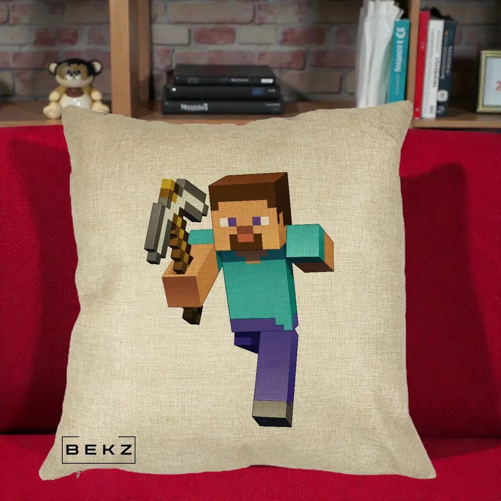 Perna Personalizata Minecraft Steve, 40x40 cm, Crem, Husa Detasabila, Perna Inclusa, BEKZ®