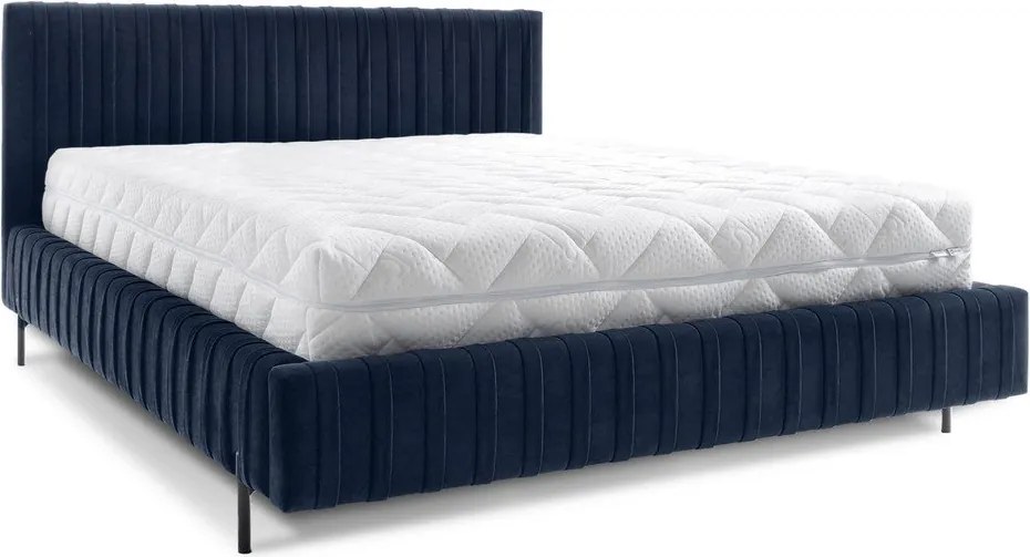 Pat matrimonial albastru închis tapițat cu spațiu de depozitare cu somieră 160x200 cm Plissa – ELTAP