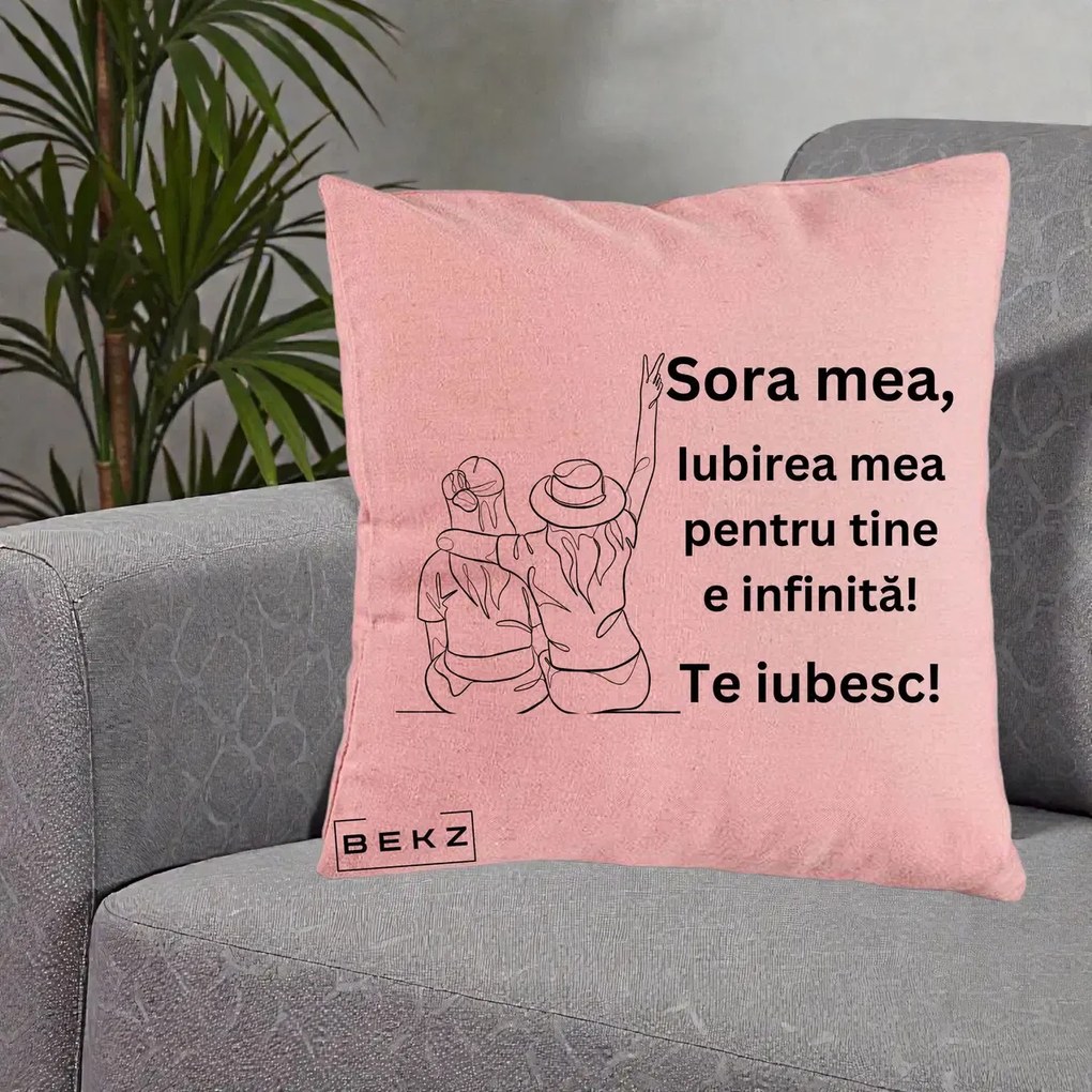Cadou pentru Sora - Perna Personalizata Sora Mea Te Iubesc Line Art Portrete Colorate, 40x40 cm, Roz, Husa Detasabila, Perna Inclusa, BEKZ®