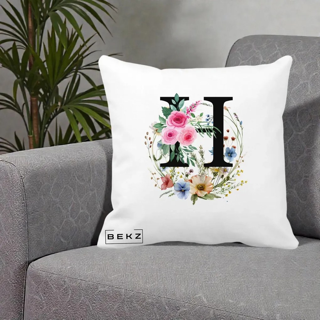 Cadou Personalizat - Perna Personalizata Monogram Litera H cu Flori Acuarela, 40x40 cm, Alba Mata, Husa Detasabila, Perna Inclusa, BEKZ®