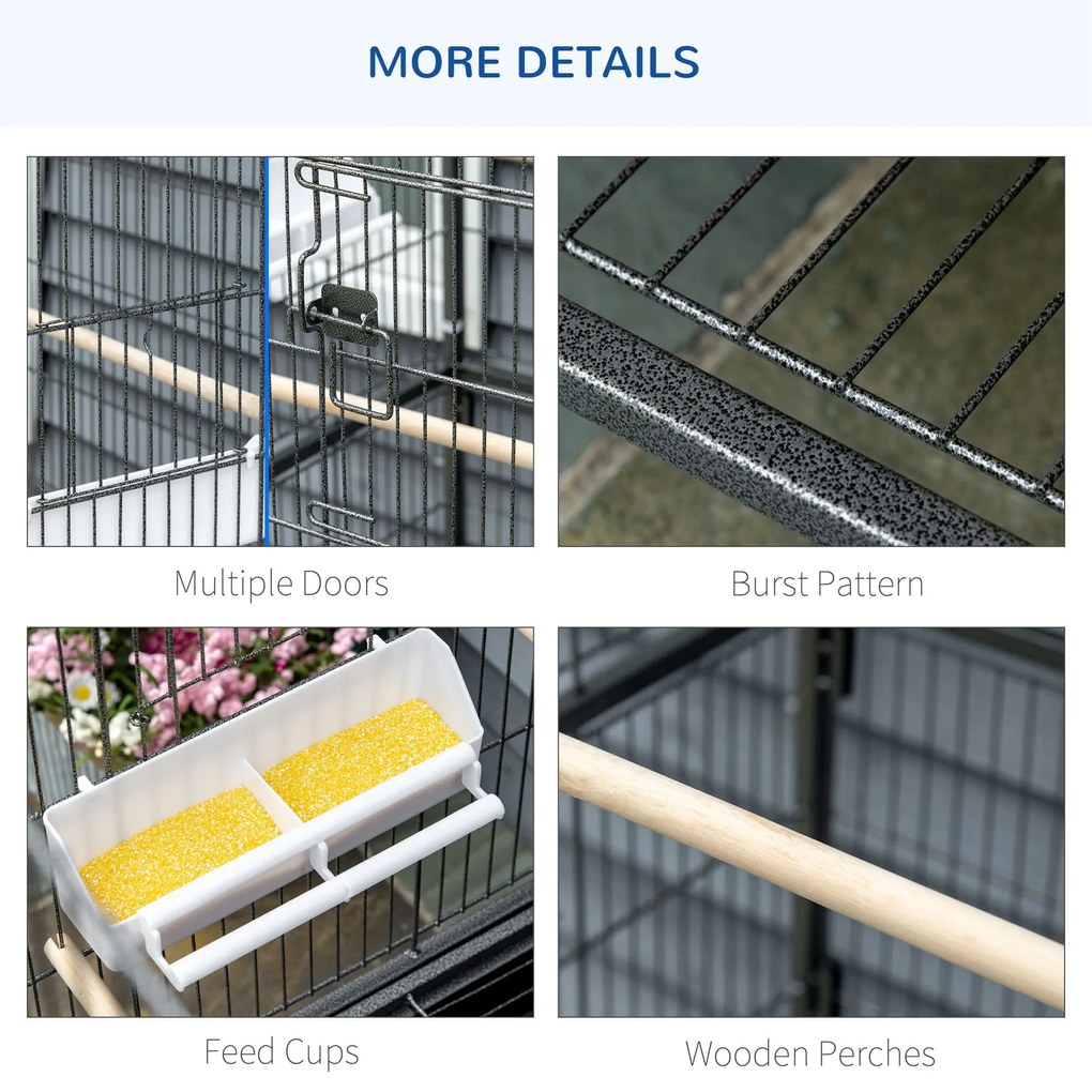 Cusca papagali de Interior din Otel si Lemn cu Tavă Detasabila, 4 Roți, Recipient pentru Alimente 78x52x132cm, Gri Inchis PawHut | Aosom Romania