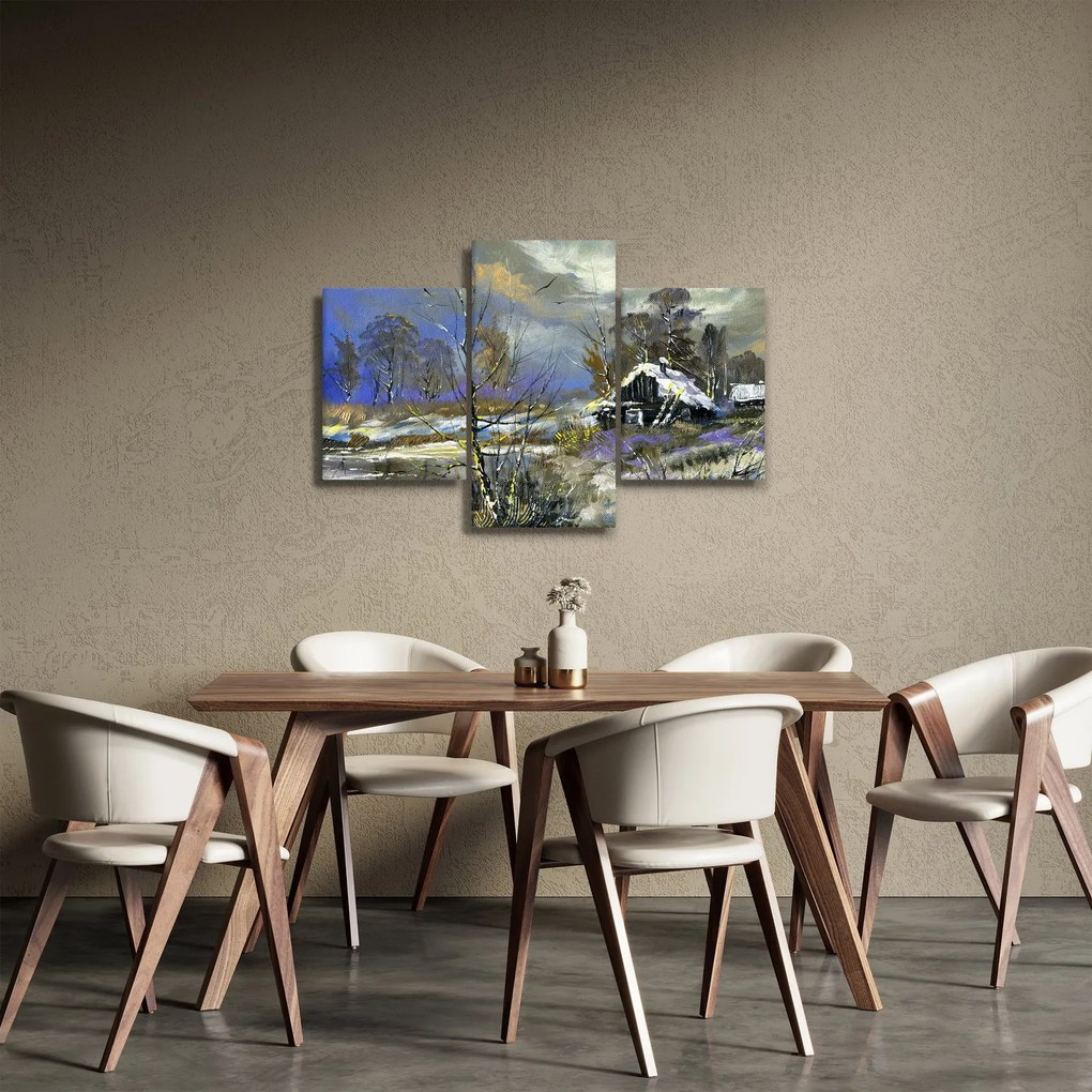 Tablou -Cabane într-un peisaj de iarnă, pictură în ulei (90x60 cm)