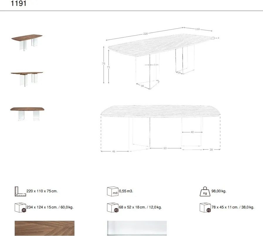 Masa dining design LUX Glass and Walnut 220x110cm