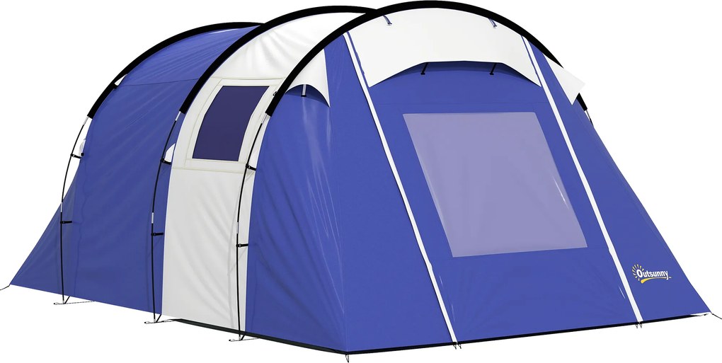 Outsunny Cort de camping pentru 4 persoane, 2 camere, impermeabil 3000mm, cu podea și sac, 420x300x200cm, Albastru închis | Aosom Romania