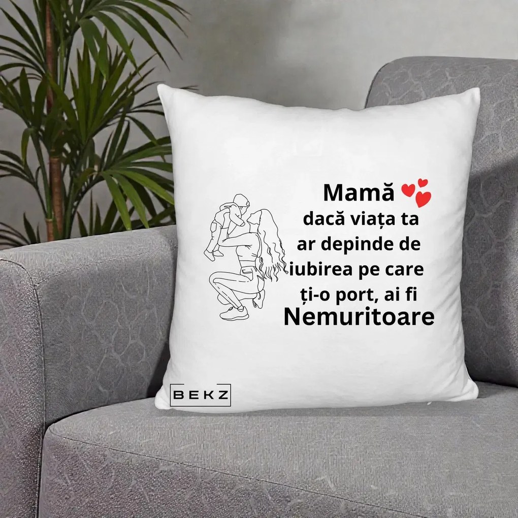 Cadou pentru Mama - Perna Personalizata Mama Nemuritoare Portret Graphic, 40x40 cm, Alb Pufos, Husa Detasabila, Perna Inclusa, BEKZ®
