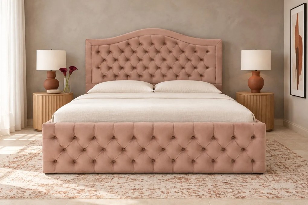 Pat tapițat Chesterfield din catifea Solaria Deluxe 180×200 cm, cappuccino, cu ladă de depozitare